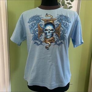 Y2K light baby blue cyber goth grunge skull cross dragon graphic kid tshirt READ